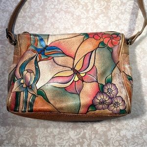 Aduschka~Hand Painted Multicolored Supple Leather Butterfly Floral Shoulder Bag